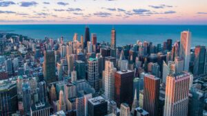 view of chicago skyline at sunset